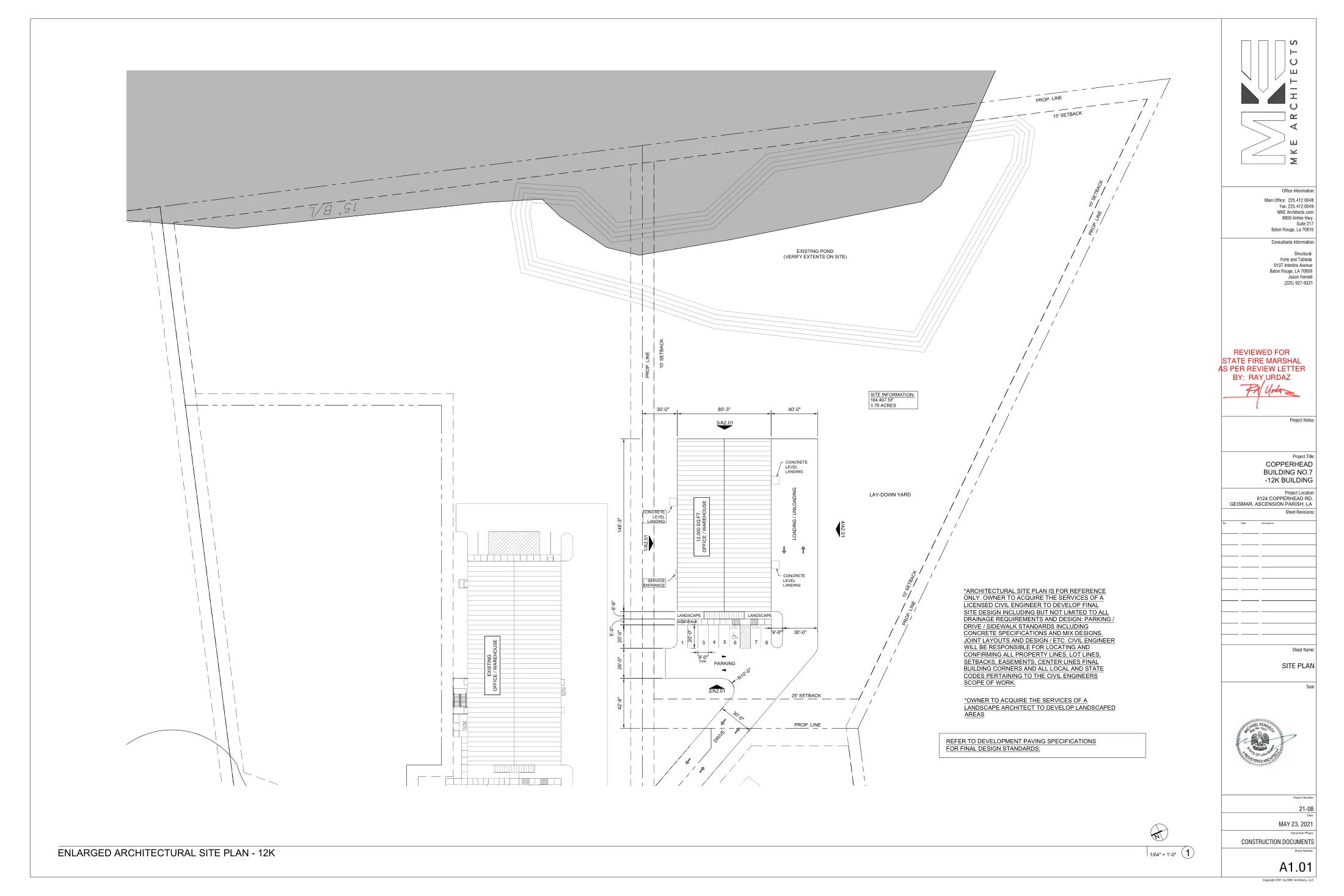 C3 · Loading area, laydown and pond. A1.01, MKE Architects, May 23, 2021. Architectural reference; not an as-built survey.