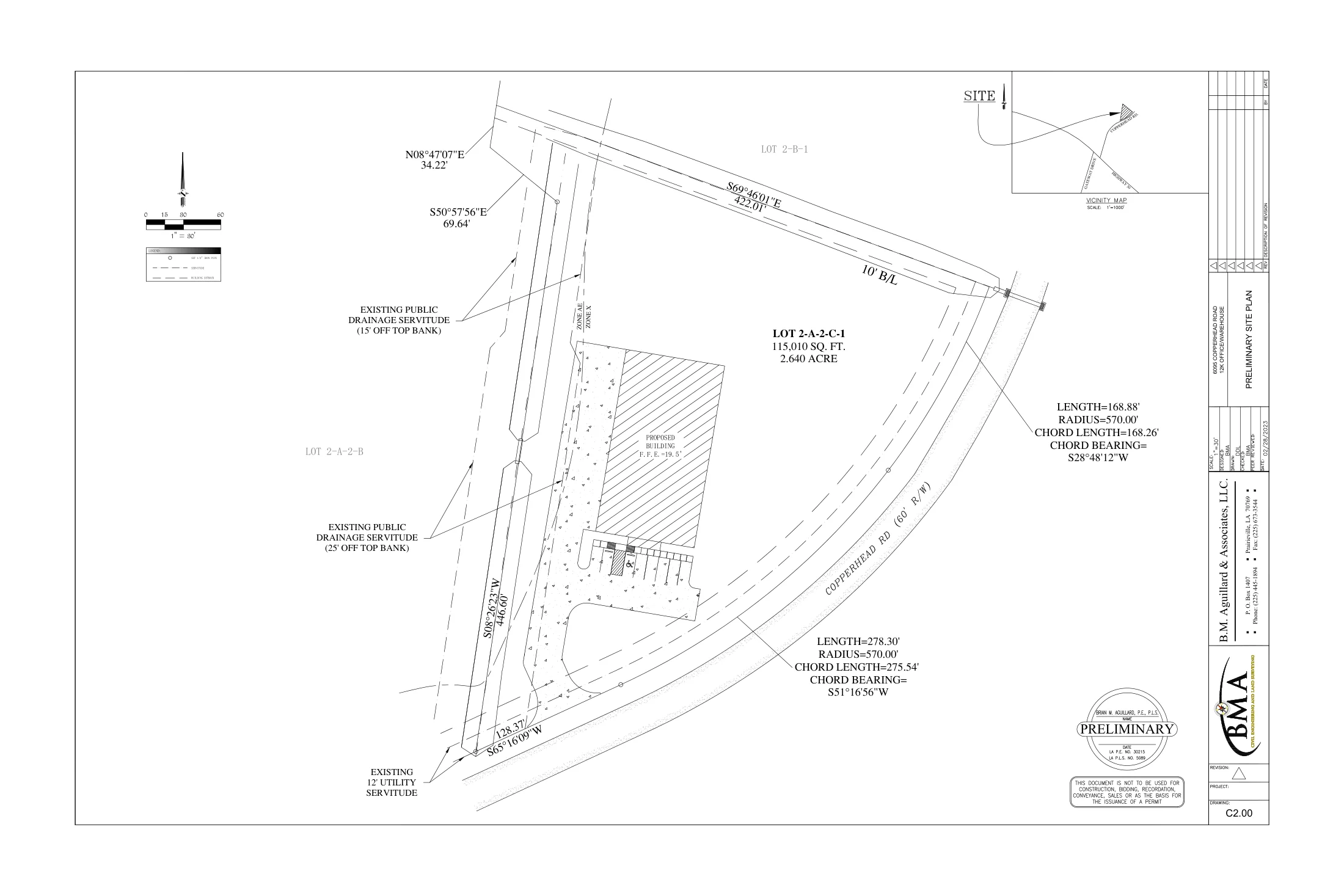 M1 · Revised lot and road frontage. C2.00, B.M. Aguillard & Associates, February 28, 2023. Preliminary; not an as-built survey.