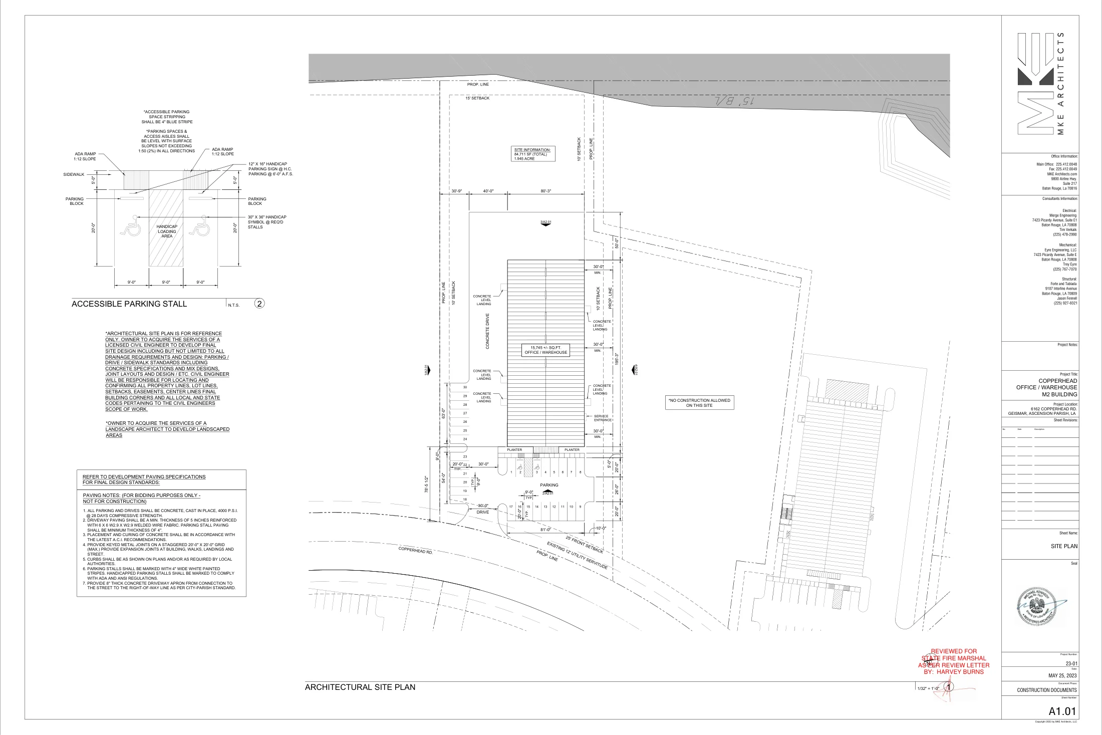 M2 · Office, parking and service access. A1.01, MKE Architects, May 25, 2023. Architectural reference; not an as-built survey.