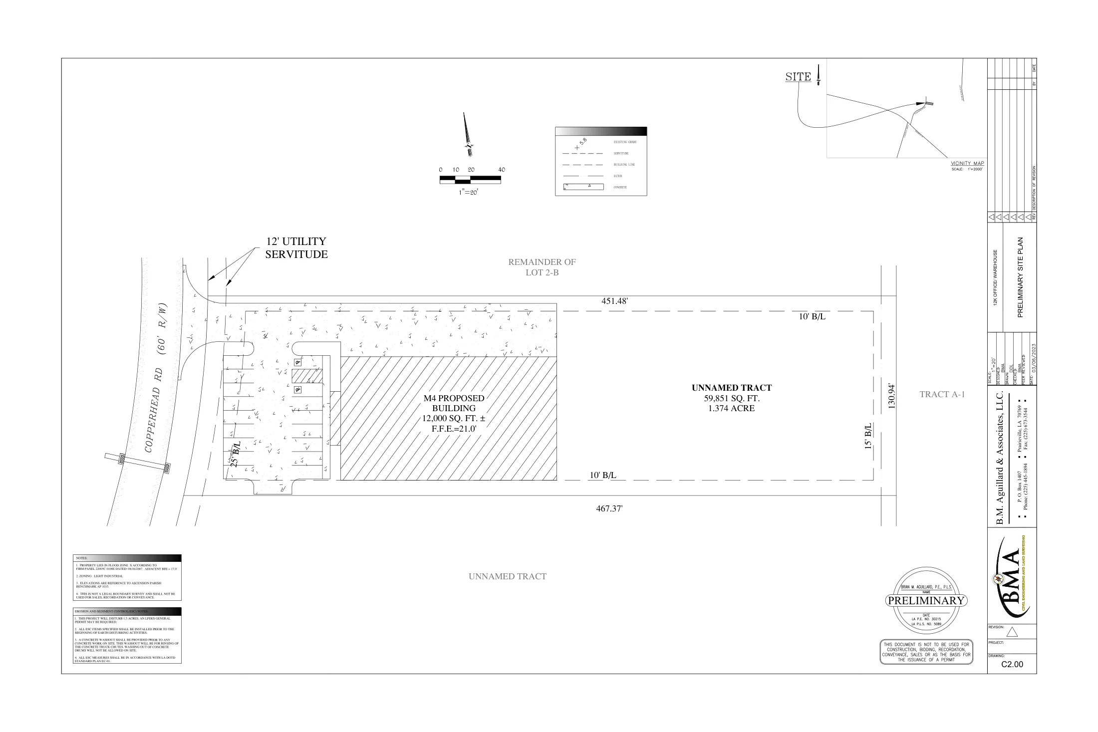 M4 · Front parking and side loading. C2.00, B.M. Aguillard & Associates, March 6, 2023. Preliminary; not an as-built survey.