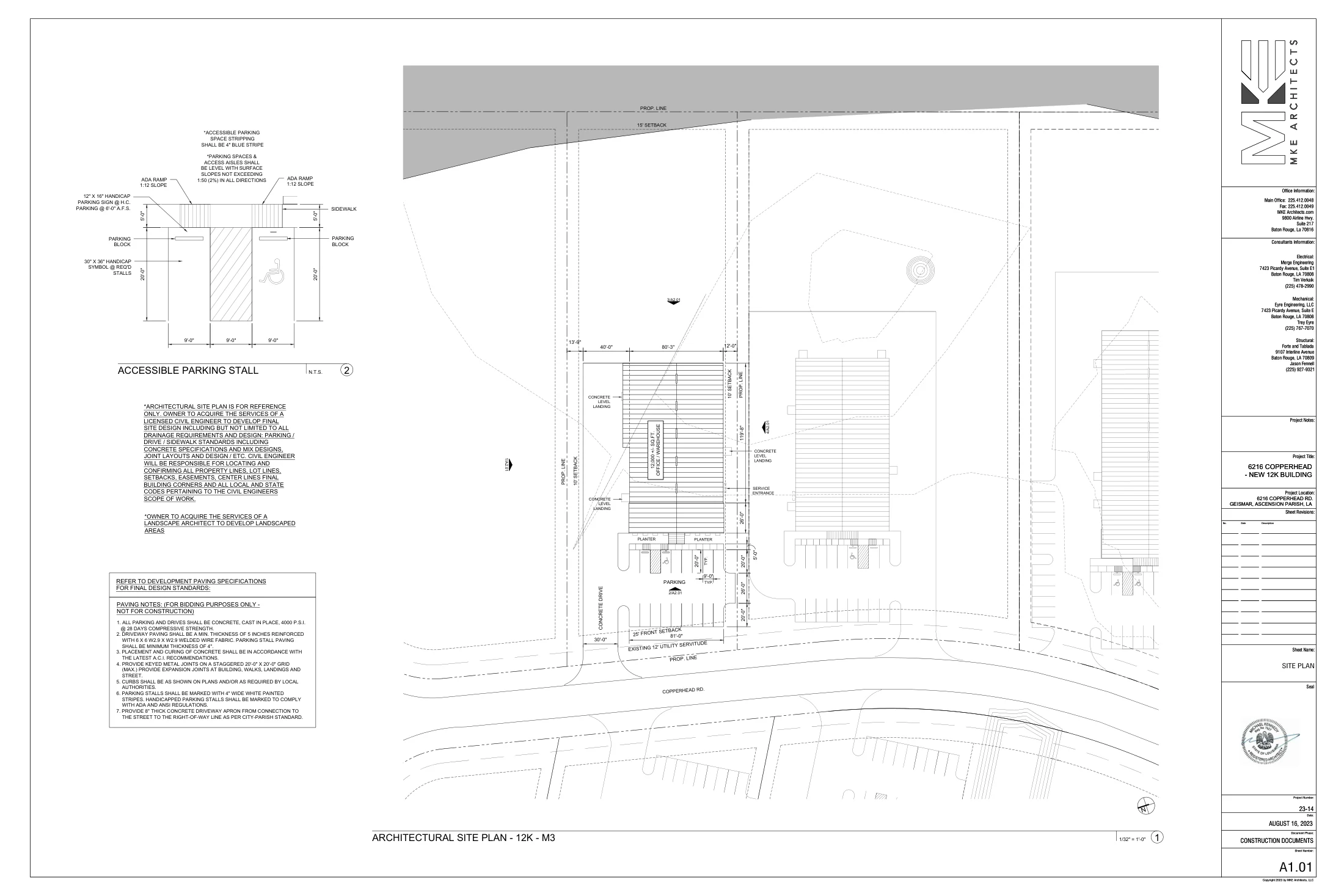 M6 · Front parking and loading-side drive. A1.01, MKE Architects, August 16, 2023. Architectural reference; not an as-built survey.