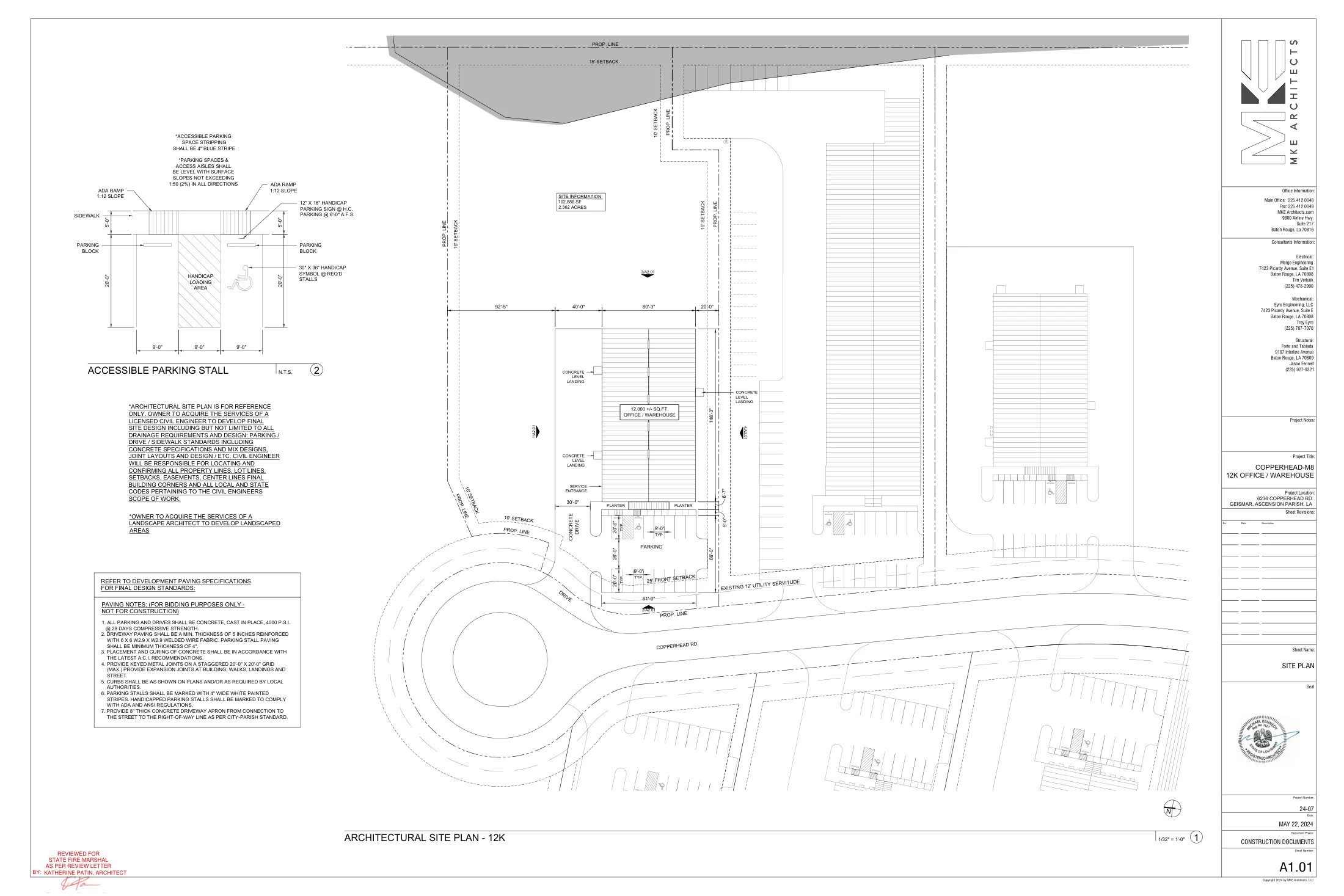 M8 · Cul-de-sac access and parking. A1.01, MKE Architects, May 22, 2024. Architectural reference; not an as-built survey.