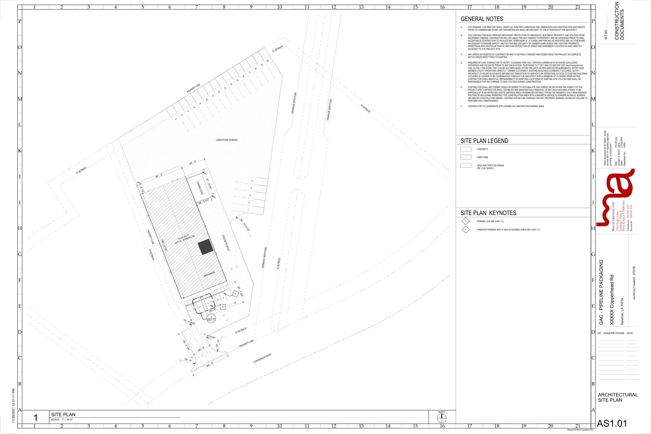 Pipeline Packaging · Concrete drive and limestone parking. AS1.01, Mougeot Architecture, November 29, 2021 export. Architectural reference; not an as-built survey.