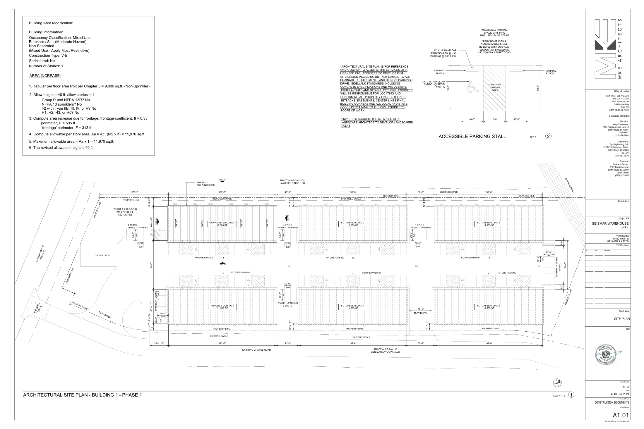 Geismar Storage · Campus development plan. A1.01, MKE Architects, April 24, 2024. Architectural reference; not an as-built survey.