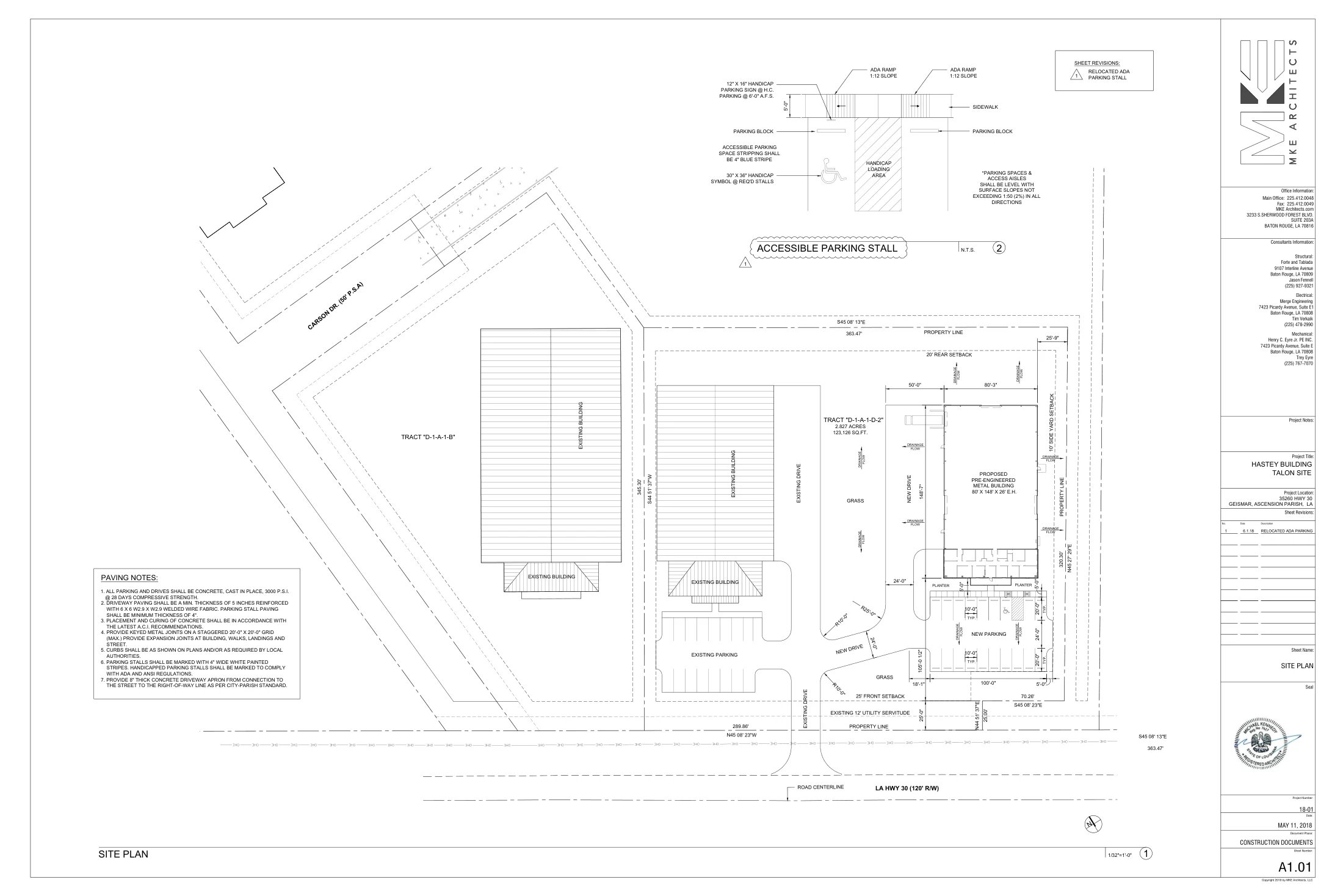 Hastey · Highway 30 access and parking. A1.01, MKE Architects, May 11, 2018 · ADA revision June 1, 2018. Architectural reference; not an as-built survey.